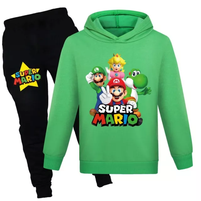 2PCS Girls Boys Mario Clothes Casual Hoodies Jumper Sweatshirt Tops Pants Outfit