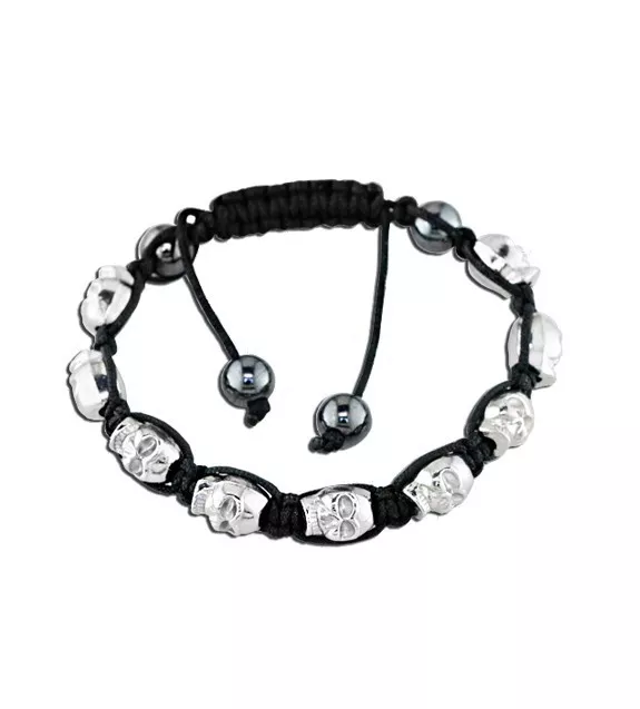 Shamballa Inspired Silver Skull with Hematite Stones Black Macrame Cord Bracelet