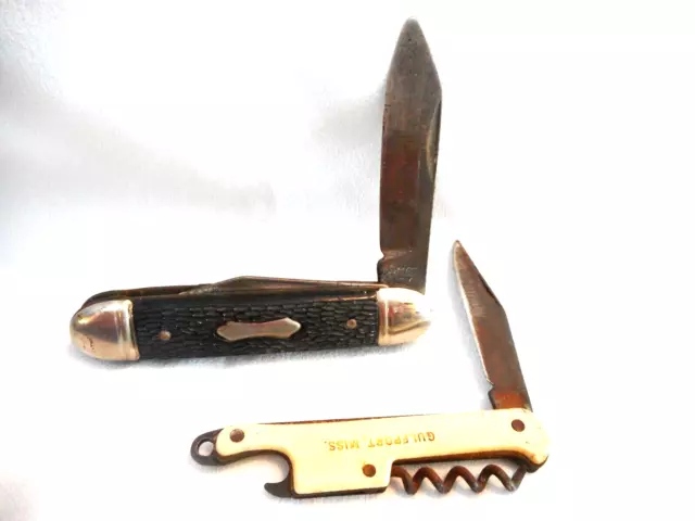 Vtg 2 THE IDEAL Knives Bartender's Knife & 2 blade Black Resin Folder