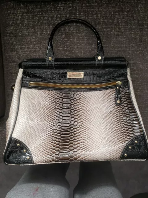 Samantha Brown CLASSIC BLACK AND TANPU Croc Embossed Leather Tote Handbag Purse