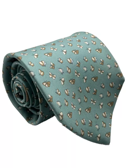 Salvatore Ferragamo Tie Brush Print Silk Cyan Blue Necktie Butterfly 60 X 3.75