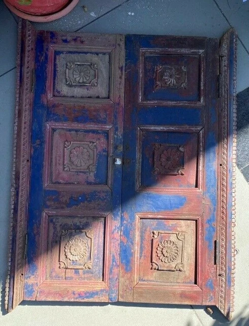 Antique Old Rare Wooden Hand Carved Floral Design Painted Beautiful Door Panel