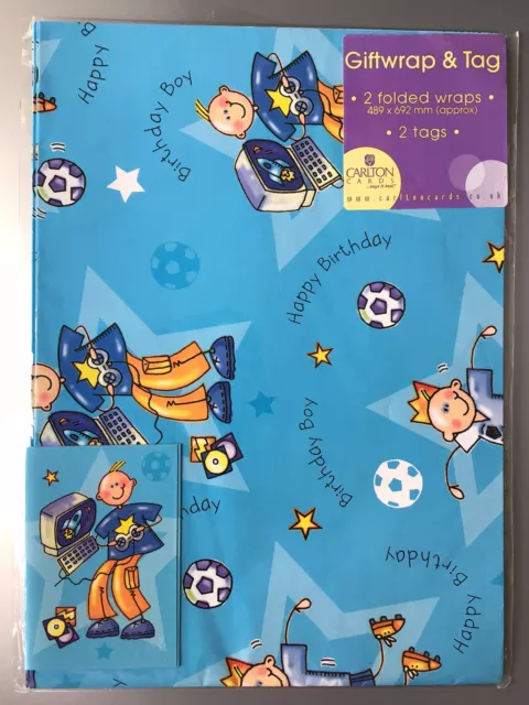NEW BORN BABY BOY / SHOWER GIFT WRAP - 2 SHEETS BLUE WRAPPING PAPER 2 TAGS  cute