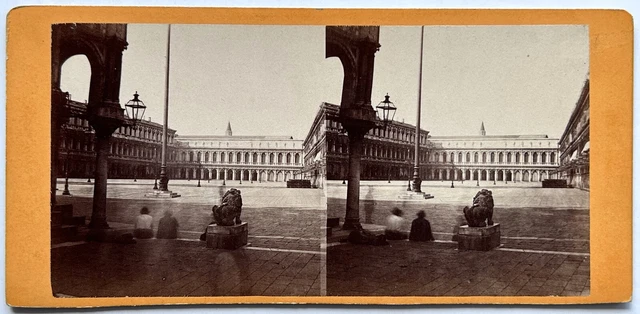 Italien Venedig Platz Wohl Markusplatz Löwe c1870 Foto Stereo Vintage Albumin