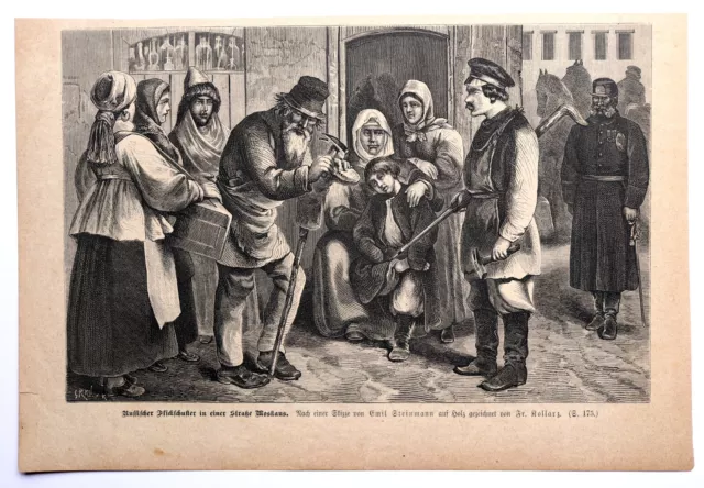 Russischer Flickschuster in einer Straße Moskaus, Holzstich um 1880