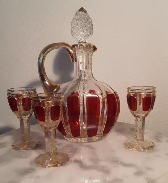 Moser Ruby Cabochon Gilt Decorated Decanter with 3 Cordials