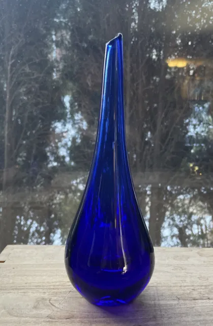 Murano Style Tear Drop Glass Vase Single Stem Cobalt Blue Blown Glass 10” Tall