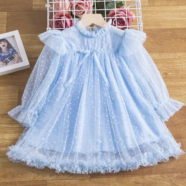 Bambino Rete Tulle Abiti Fiocco Increspatura Lungo Manica Svasata Principessa