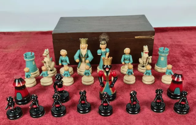 Chess Card Set. Carved And Polychrome Wood. Twentieth Century.