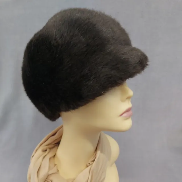 Cappello vintage anni '60 in pelliccia sintetica S-M Beatnik marrone scuro