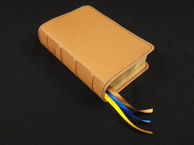 Premium Leather Bible - ESV Study Bible in Tan Cowhide with Blue Stitch Premium Leather Bible - ESV Study Bible in Tan Cowhide with Blue Stitch