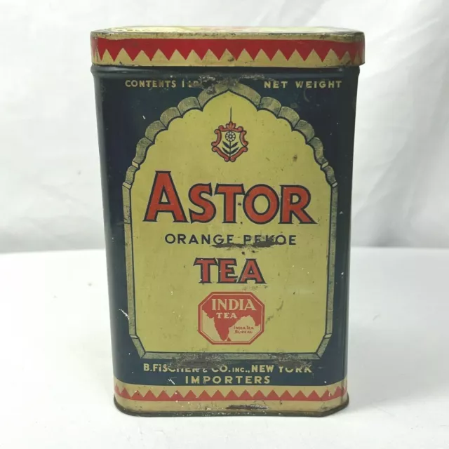 Vintage Astor Orange Tea Tin India Orange Pekoe Empty 1 lb. B Fischer & Co