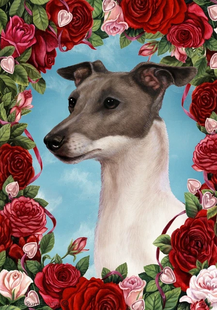 Roses House Flag - Blue and White Italian Greyhound 19983
