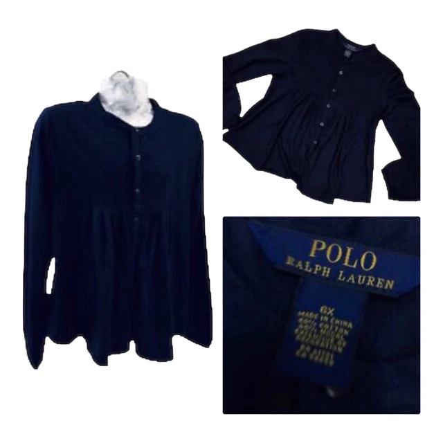 Girls Ralph Lauren T shirt Navy Cotton Long Sleeve Button Up Crew Neck Top AGE 6