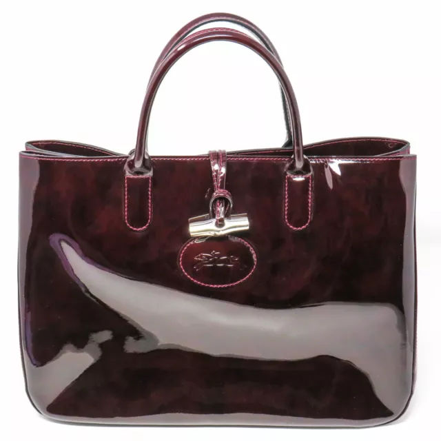 Longchamp Roseau Patent Leather Box Tote Bag Burgundy Shoulder Bag