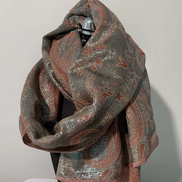 Bajra Nepal Fine Merino Wool Giant Metallic Paisley Scarf Shawl 30x82