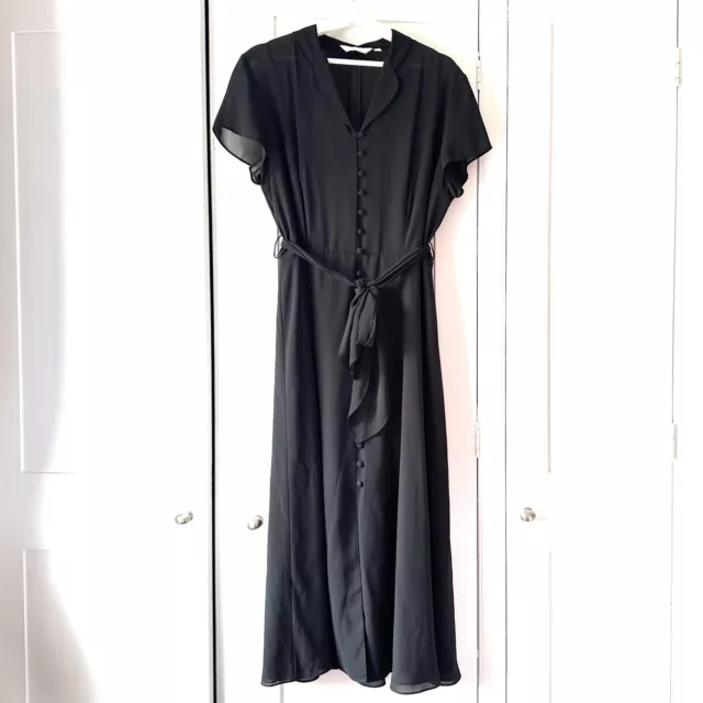 Vintage 1990s Next Black Midi Tea Dress UK 14 Collar Tie Waist