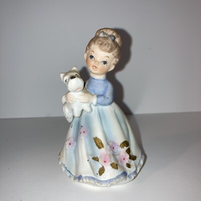 Vintage Lefton Ceramic Girl Holding Scottie Terrier Dog Figurine #5490 3.75"