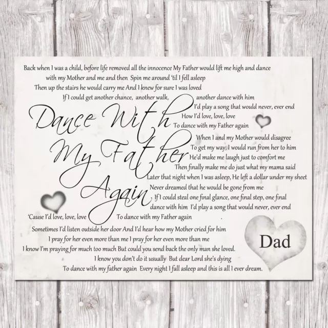 Dance With My Father A4 PRINT Song Lyrics Gift Memorial Father's Day Dad