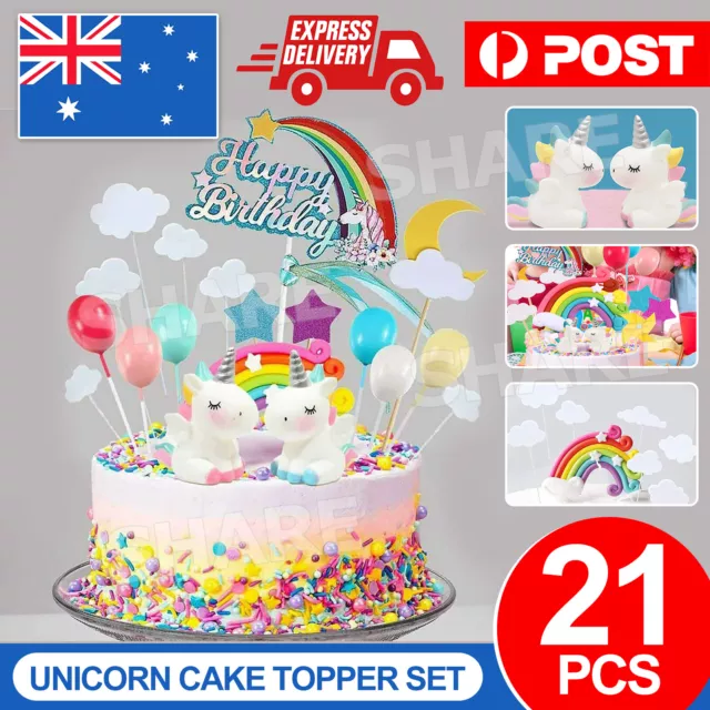 21Pcs/Set Unicorn Cake Topper Kit Cloud Rainbow Happy Birthday Banner Decoration