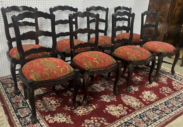 8 Antique Style Carved Country French Upholstered Dining Chairs 39" Louis XV