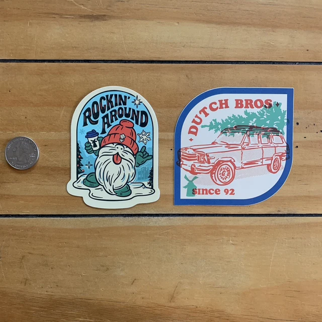 DUTCH BROS CHRISTMAS Holiday Stickers Lot 2 Rockin Around Gnome Car