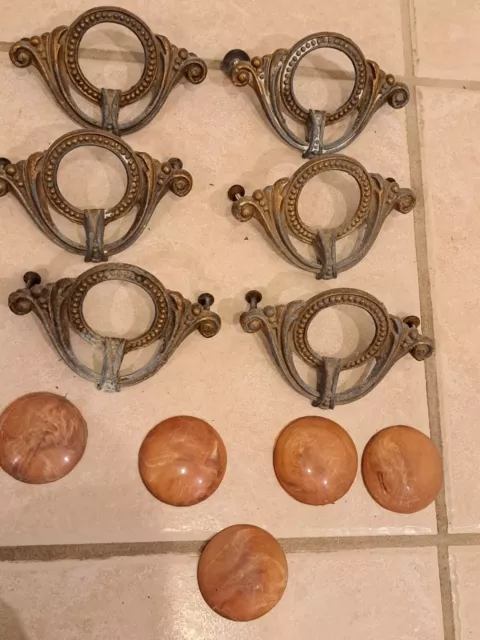 Six Vintage Bakelite Waterfall Art Deco Drawer pulls Ornate Brass color