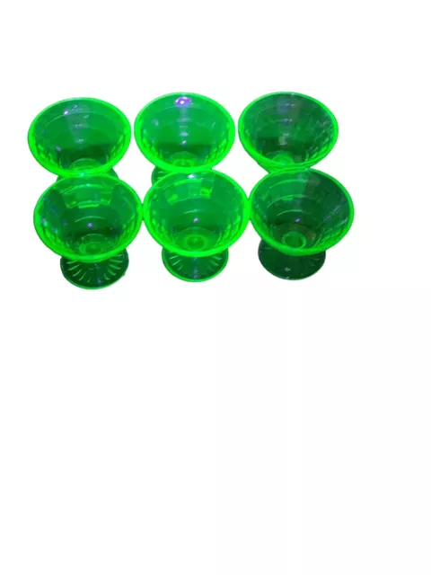 Set Of 6 Block Optic Sherbet Green Depression Glass Cone Shape UV Reactive Vtg.