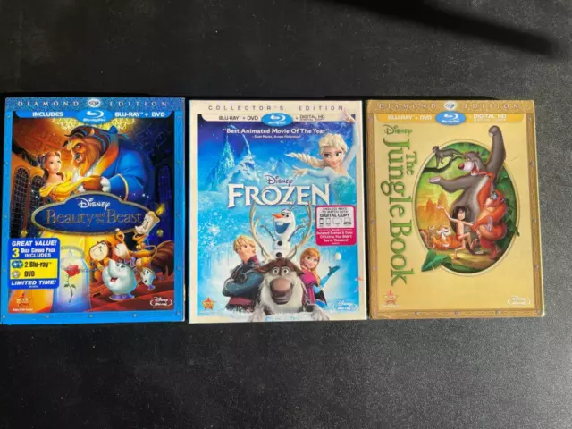 3 Walt Disney Dvd & Blu-Ray Lot Frozen, Jungle Book, Beauty & The Beast Vgc