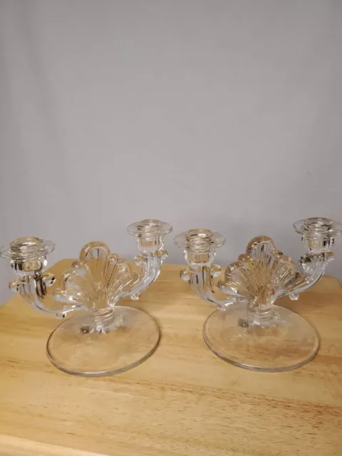 Vintage Collectible Fostoria Crystal Glass Floral Etched 2 Arm Candle Holders