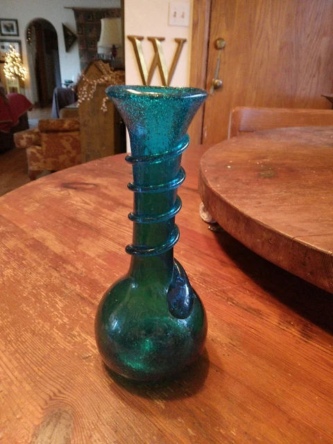 Hand Blown 8" Art Glass Small Bud Vase Blue Applied Swirled Decoration/Pontil