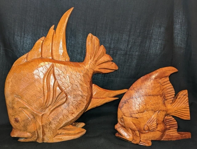 2 HAND CARVED Wood ANGEL FISH SCULPTURES Statues TIKI BAR Beach Folk Art VINTAGE