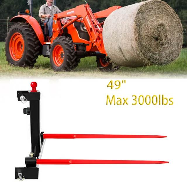 Category 1 Tractors 3 Point Trailer Hitch+49” 3000lbs Hay Bale Spear for Tractor