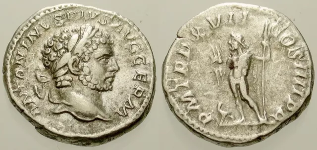 006. Roman Silver Coin. CARACALLA, AR Denarius. Rome. Jupiter. VF