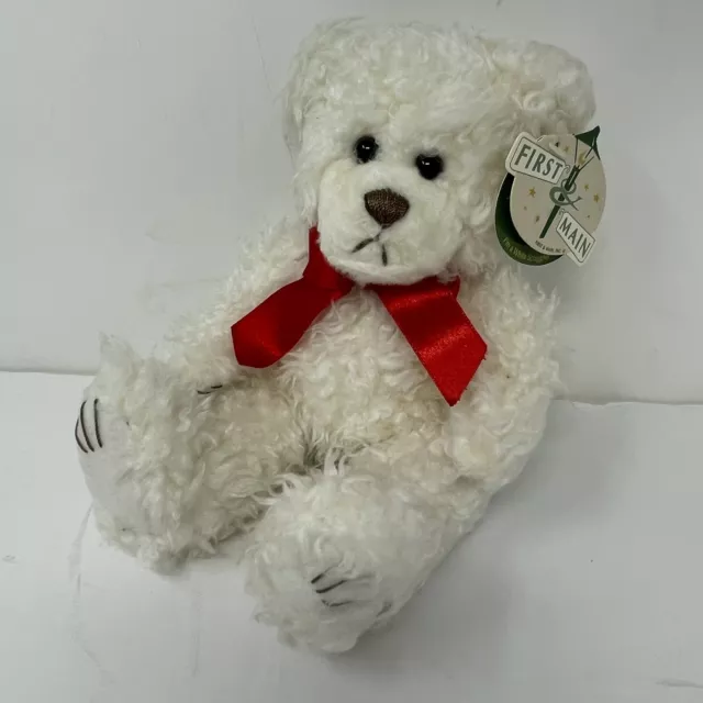 White Teddy Bear First & Main Scraggles Red Ribbon Plush Stuffed Animal 7” *+