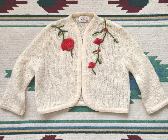ROSANNA 60S VINTAGE Roses Off-White Acrylic Lace Cardigan Sweater M $89 ...