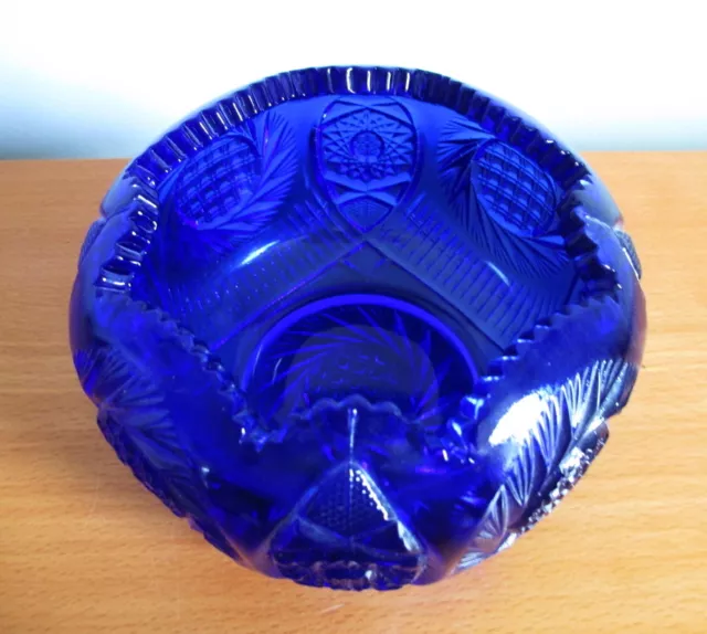 Kemple Glass Cobalt Blue Rose Bowl McKee Aztec Sunburst Repro Sawtooth Pressed 3