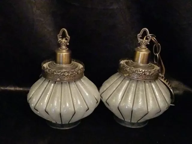 2Vtg MCM Mid Century Wire Caged Crackle Glass Pendant Lamp Hanging Light Fixture