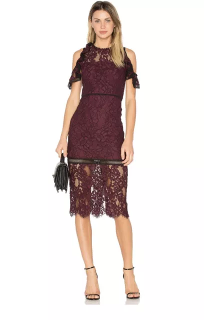 New ALEXIS Burgundy & Black Cotton Lace Ruffle Shoulder EVIE Midi Dress XS