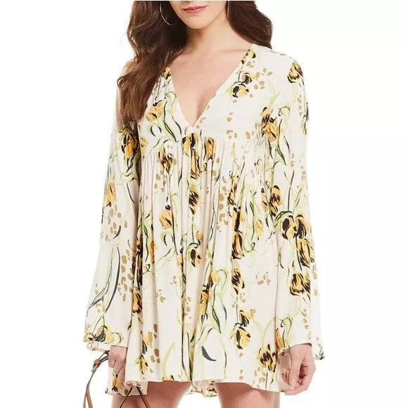 Free People Bella Floral Bell Sleeve Festival Mini Dress Boho Tunic Blouse XS