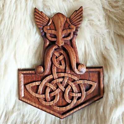 Intagliato Viking Thors Martello Mjolnir Oak Onlay intaglio Odino Norreno Dio 15cm