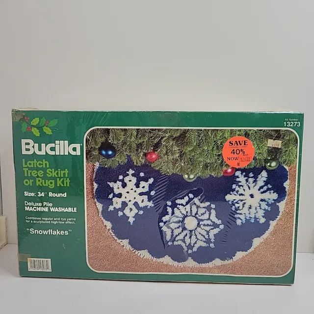 Bucilla Christmas Tree Skirt Latch Hook Kit NIP Snowflakes Blue White Vintage