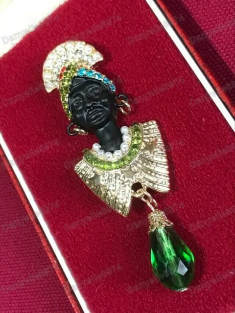 Vintage Art Deco Look BROOCH Blackamoor Gold Tone Green Crystal African Queen