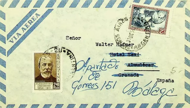 ARGENTINA 1957 2v ON AIRMAIL COVER FROM BUENOA AIRES REDIRECTED TO MALAGA SPAIN