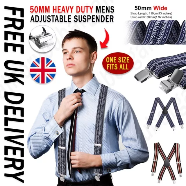 Mens XXL Braces Elastic Suspenders X Shape Heavy Duty 50mm Wide Trouser Clips UK