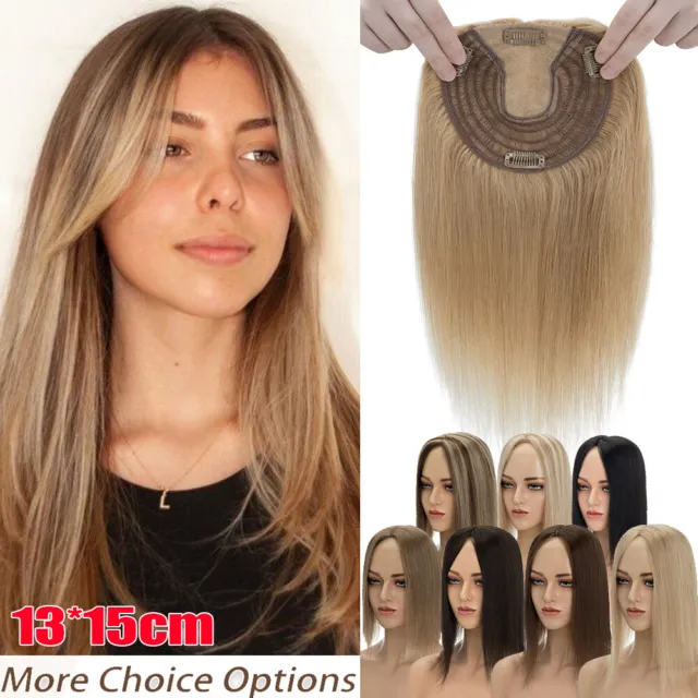 CLEARANCE 100% Remy Human Hair Topper Toupee Clip In on Silk Base Hairpiece Wigs