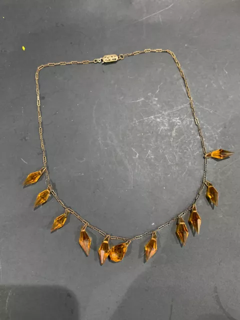 Vtg Art Deco Necklace w/Faceted Glass Topaz/ Amber Drop Prisms Chain