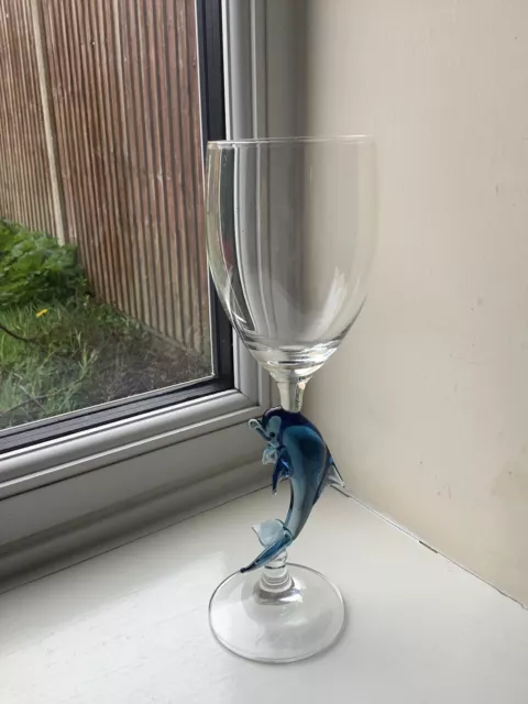 Vintage Blue Art Glass Dolphin Stemmed Wine Glass