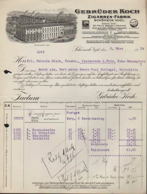 SCHÖNECK, VOGTL., Rechnung 1934, Zigarren-Fabrik Gebrüder Koch