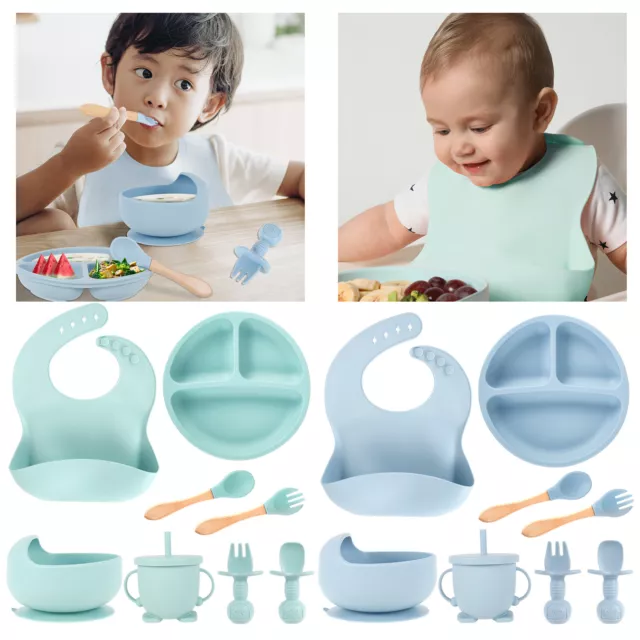 8PCS/Set Silicone Baby Kids Feeding Tableware Bowl Plate Spoon Fork Straw BrushⒿ